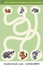 Trace a path from each baby animal to its mother. Educational vector illustration for children.