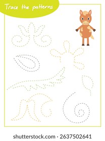 Trace the patterns with horse. Connect the lines. Hand Trainer. Recipe for children.