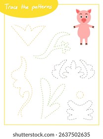 Trace the patterns with pig. Connect the lines. Hand Trainer. Recipe for children.