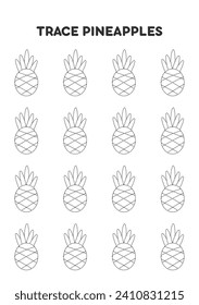 Trace pineapples. Worksheets for kids. Preschool education.