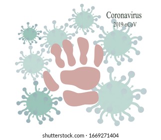 Trace from a pink palm surrounded by a coronavirus on a white background. Stop the virus 2019-ncov.  EPS10 vector illustration