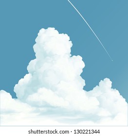 Trace of the plane in blue sky and white clouds