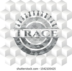 Trace realistic grey emblem with geometric cube white background