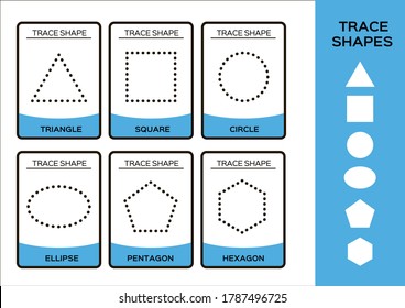 Trace Shapes. 2D Baisc Geometrical Shapes For Children. 6 Flashcards. Handwriting practice. Learning Shapes Educational Kindergarten Activity. Homeschool. Printable A4 Preschool Game Kindergarten. Vec