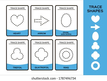 Trace Shapes. 2D Baisc Geometrical Shapes For Children. 6 Flashcards. Handwriting practice. Learning Shapes Educational Kindergarten Activity. Homeschool. Printable Preschool Game Kindergarten. Vector