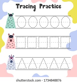 Trace the shapes educational worksheet for kids. Tracing lines practice activity game with funny animals. Ellipse, rectangle, triangle. Vector illustration