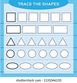 Trace the shapes. Kids education. Preschool worksheet. Basic writing. Kids doing worksheets. Fine motor skills. White shapes and blue background. Square, rectangle, circle e.t.c