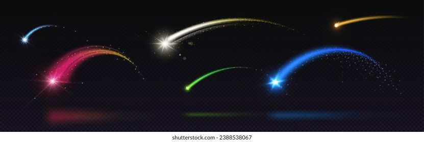 Trace of shooting star in form of arch. Realistic vector illustration of various colors falling meteor with arc glowing trail with sparkles. Flying space object or magic wand light trail with glitter.