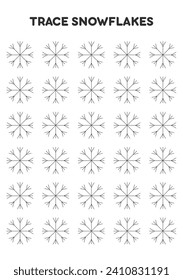 Trace snowflakes. Worksheets for kids. Preschool education.