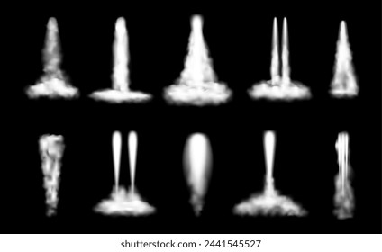 Rastro o rastro desde el lanzamiento de un cohete o misil hasta el cielo. Vector aislado conjunto de nave espacial despegue, vapor o humos de avión o jet. Rendimiento de la aviación, estela de gas humeante durante el vuelo