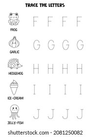 Trace uppercase letters of alphabet. Black and white worksheet with pictures.