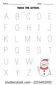 Trace uppercase letters of alphabet. Worksheet with cartoon snowman.