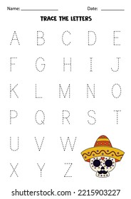 Trace uppercase letters of alphabet. Worksheet with cartoon Mexican skull.