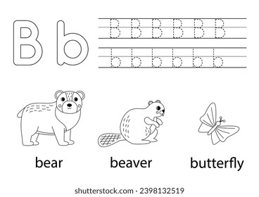 Trace uppercase and lowercase letter B. Black and white worksheet for learning alphabet.