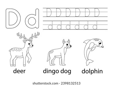 Groß- und Kleinbuchstabe D folgen. Schwarz-Weiß-Arbeitsblatt zum Lernen von Alphabeten.