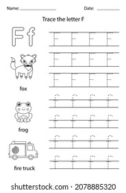 Trace uppercase and lowercase letter F. Black and white worksheet.