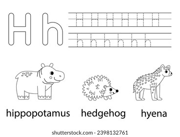 Trace uppercase and lowercase letter H. Black and white worksheet for learning alphabet.