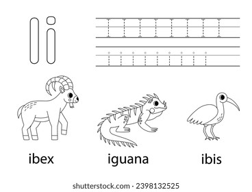 Trace uppercase and lowercase letter I. Black and white worksheet for learning alphabet.