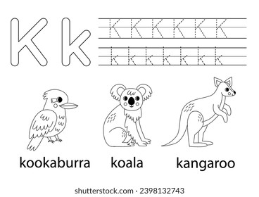 Trace uppercase and lowercase letter K. Black and white worksheet for learning alphabet.