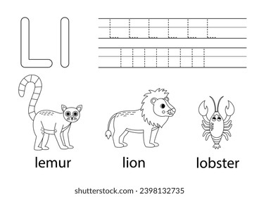 Groß- und Kleinbuchstabe L folgen. Schwarz-Weiß-Arbeitsblatt zum Lernen von Alphabeten.