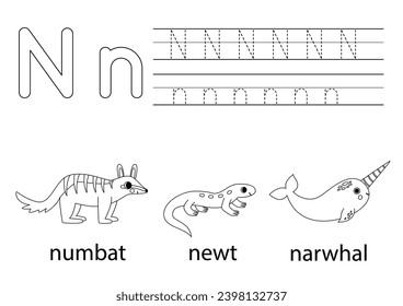 Trace uppercase and lowercase letter N. Black and white worksheet for learning alphabet.