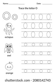 Trace uppercase and lowercase letter O. Black and white worksheet.
