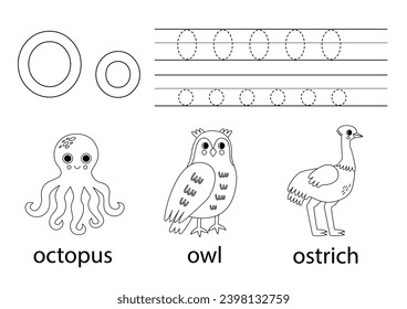 Trace uppercase and lowercase letter O. Black and white worksheet for learning alphabet.