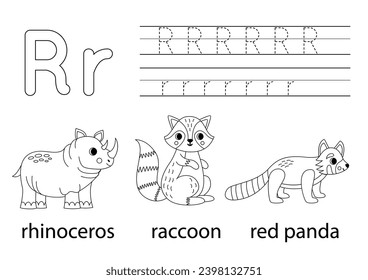 Trace uppercase and lowercase letter R. Black and white worksheet for learning alphabet.