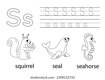 Trace uppercase and lowercase letter S. Black and white worksheet for learning alphabet.