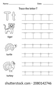 Trace uppercase and lowercase letter T. Black and white worksheet.