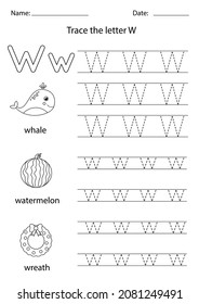 Trace uppercase and lowercase letter W. Black and white worksheet.