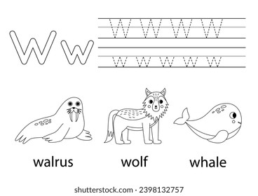 Trace uppercase and lowercase letter w. Black and white worksheet for learning alphabet.