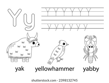 Trace uppercase and lowercase letter Y. Black and white worksheet for learning alphabet.