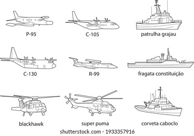 trace vector illustrations of military transport, such as airplanes and warships. They are airplanes and boats of the Brazilian army.