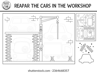 Trace the vehicles in car service picture. Vector transportation drawing practice worksheet. Printable black and white activity for kids. Transport coloring page with repair workshop and jack
