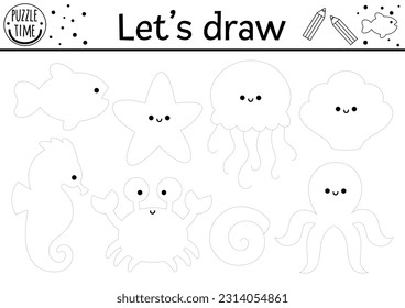 Rastrear la imagen de los animales acuáticos. Vector bajo la hoja de cálculo de la práctica de dibujo marino. Actividad imprimible en blanco y negro para los niños. Página de coloreado de la vida marina con peces kawaii, pulpo, pez estrella, caballito de mar
