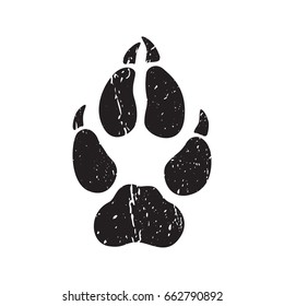 A trace from a wolf. White silhouette of foot on a black background. Vector. The sign of the print of the wolfs legs. Logo of the footprint.