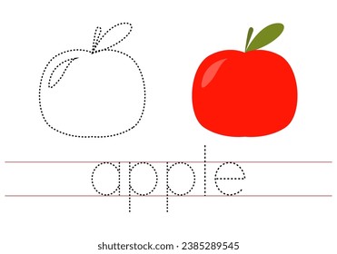 Trace word apple. English worksheet for kids. Cartoon colorful apple.