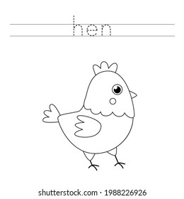 Trace the word. Black and white hen. Handwriting practice for preschool kids.