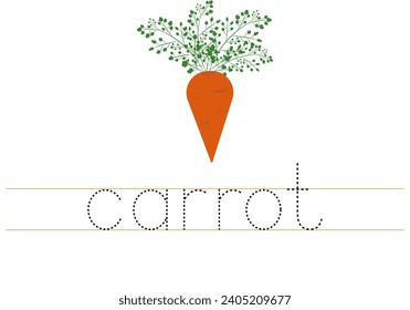 Trace word carrot. English worksheet for kids. Cartoon colorful carrot.
