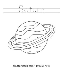 Trace the word. Color Saturn planet. Handwriting practice for preschool kids.