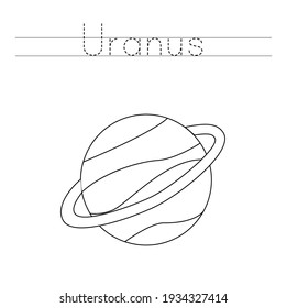 Trace the word. Color Uranus planet. Handwriting practice for preschool kids.