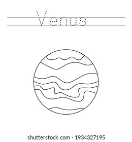 Trace the word. Color Venus planet. Handwriting practice for preschool kids.