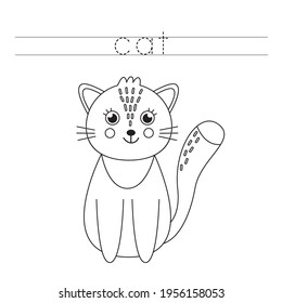 Trace the word. Cute cartoon cat. Handwriting practice for preschool kids.