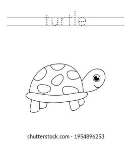 Trace the word. Cute cartoon turtle. Handwriting practice for preschool kids.
