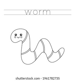 Rastrear la palabra. Gusano lindo. Práctica de escritura a mano para niños de preescolar.
