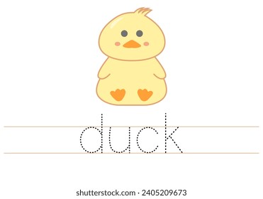 Trace word duck. English worksheet for kids. Cartoon colorful duck.