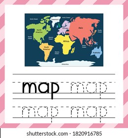 Trace the word - Map. Educational worksheet for kids. Tracing practice material for school and preschool. Flash card with Map word. Vector illustration