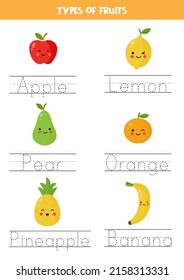 Rastrear palabras. Práctica de escritura a mano para niños de preescolar. Frutas dulces.