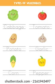 Rastrear palabras. Práctica de escritura a mano para niños de preescolar. Tipos de verduras.